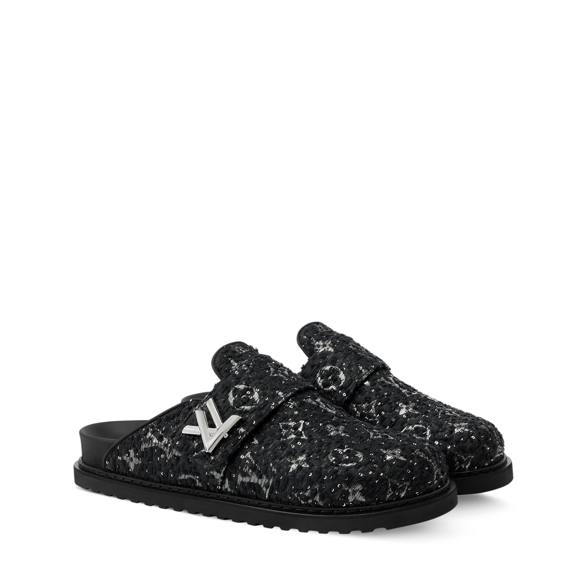 LV COSY FLAT COMFORT CLOG IN BLACK SUEDE AND SHEARLING LINING